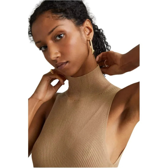 NWT Anthropologie Mock Neck Midi Dress Women's Small Cedar Tan Sleeveless Knit - Picture 3 of 16